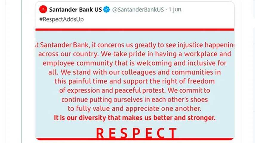 El Banco Santander pide respeto hacia la diversidad. (Imagen: Twitter/@SantanderBankUS)